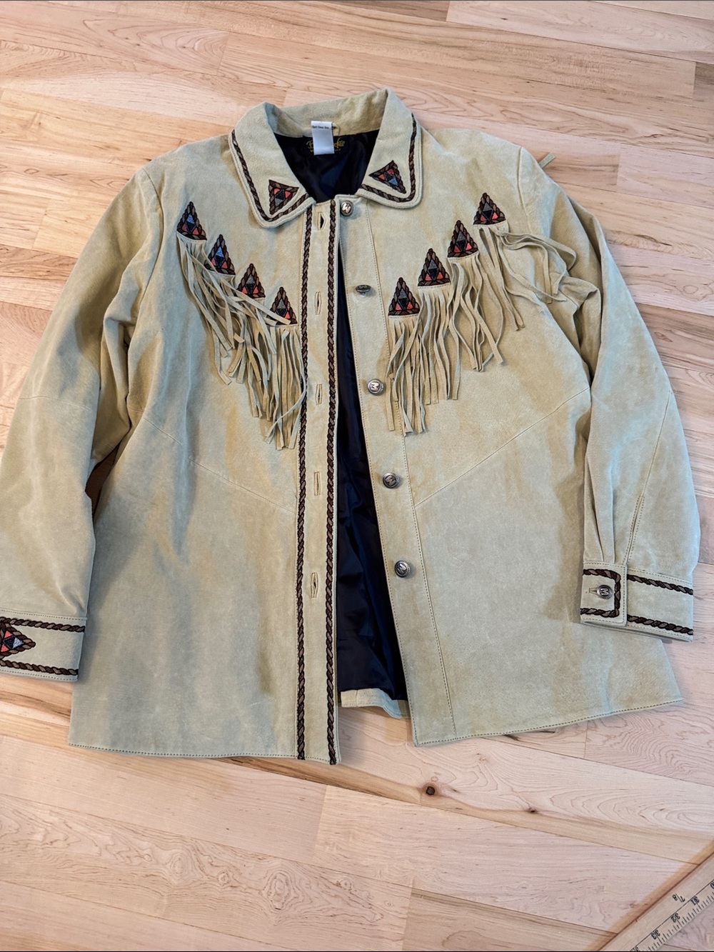 Vintage Bob Mackie Leather Jacket Coat-90s Western Fringe Beige Womens-L